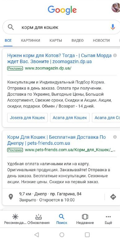Результаты поисковой выдачи путем введения запроса на клавиатуре